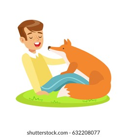 Smiling boy sitting on green grass and petting red fox. Colorful cartoon character vector Illustration