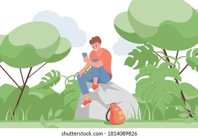 Smiling boy sitting on the rock and speaking with someone on a smartphone. Young man using video call vector flat illustration. Boy with bag traveling in nature or schoolboy going home with backpack.