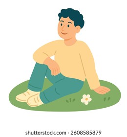 Smiling boy sitting on spring grass with flower. Peaceful and calm cartoon vector illustration.