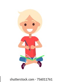 Smiling boy in sitting position wearing red t-shirt and blue shorts with green book on his lap and long pencil in hand isolated vector illustration