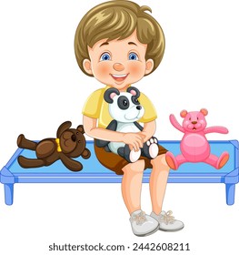 Smiling boy sitting with stuffed animals on blue bench