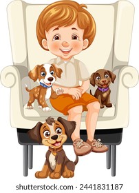 Smiling boy sitting with three cute dogs