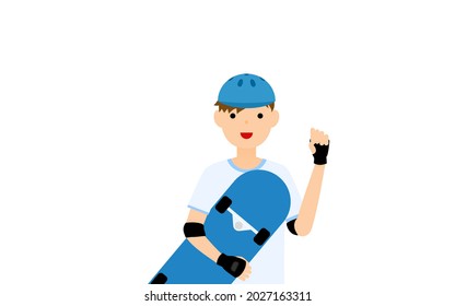A smiling boy skater holding a skateboard and striking a gut punch