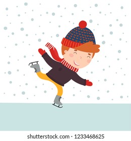 Smiling boy skating at ice-skating rink. Winter illustration. Cartoon vector illustration.