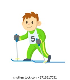 Smiling boy skiing. Colorful flat vector illustration, isolated on white background.