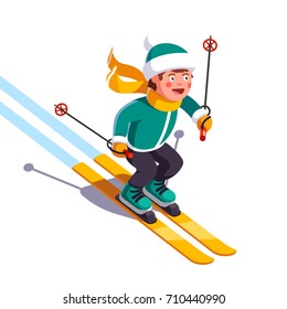 Smiling boy skiing fast down the mountain. Winter sport and entertainment. Young skier wearing waving scarf having fun gliding on snow. Flat style vector illustration isolated on white background.