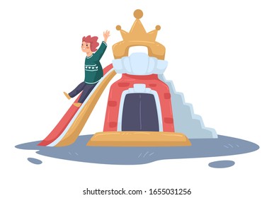 Smiling boy sliding down on slide in shape of castle at playground. Happy child in casual clothes playing outdoors isolated. Activity of little person in castle. Playground with kid having fun vector