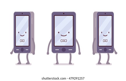 Smiling boy smartphone from different sides with legs and hands isolated against white background. Cartoon vector flat-style illustration