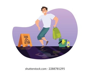 Smiling boy sneaking on wet floor flat style, vector illustration isolated on white background. Orange triangular caution sign, cleaning tools, warning, design element