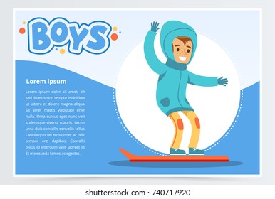 Smiling boy snowboarding, boys banner for advertising brochure, promotional leaflet poster, presentation flat vector element for website or mobile app