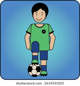 Smiling boy in soccer uniform placing one foot on the ball. Playful vector illustration in flat design – great for youth sports, school material, and inclusive education visuals.