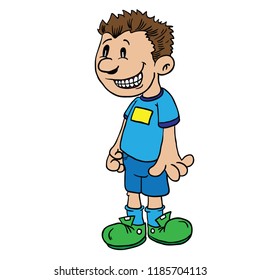 lächelnder Junge, der auf handgezeichnete Cartoon-Illustration einzeln auf Weiß steht