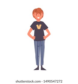 Smiling Boy Standing with Hands on His Waist, Happy Student in Casual Clothes Vector Illustration