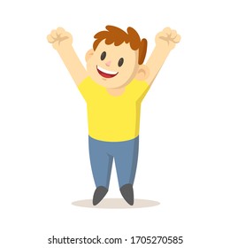 Muchacho sonriente parado con las manos en el aire, diseño de caricaturas. Ilustración vectorial plana colorida, aislada en fondo blanco.