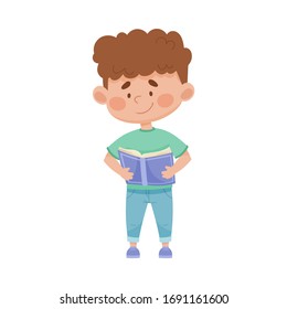 Smiling Boy Standing with Open Book and Reading Vector Illustration