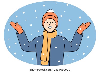 Smiling boy standing outside feel excited with snow. Happy child in outerwear overjoyed with winter holidays. Vector illustration.