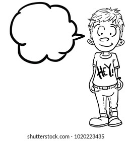 smiling boy standing with speech bubble cartoon illustration isolated on white