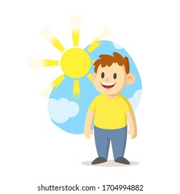 Smiling boy standing under the sun in the summertime, cartoon character design. Colorful flat vector illustration, isolated on white background.