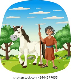 A smiling boy stands beside a white horse outdoors.