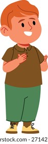 El niño sonriente se para erguido, una mano en el pecho y la otra levantada, ropa casual y expresión amistosa. Concepto de comunicación, confianza, saludo. Ilustración vectorial de dibujos animados.