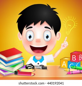 Smiling Boy Student Character with Idea on Orange Background. Vector Illustration
