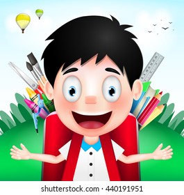 Smiling Boy Student Character Wearing Red Backpack full of School Supplies on A Cloudy Day. Vector Illustration
