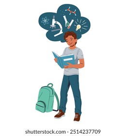 Smiling boy studies chemistry reading textbook flat color vector illustration. Teenager reads book standing near backpack on floor icon on white