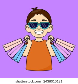 Smiling boy in sunglasses holding shopping bags. Enjoys shopping