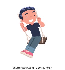 Smiling boy swinging on rope swing. Happy child having fun outdoors cartoon vector illustration