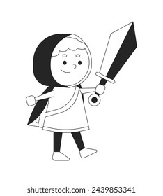 Niño sonriente con la espada en blanco y negro 2D línea de dibujos animados. Pequeño guerrero valiente. Aventurero aislado vector contorno persona. Fiesta de disfraces para niños ilustración de punto plano monocromático