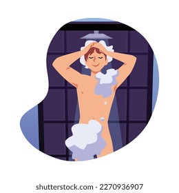 Chico sonriente toma el estilo de ducha plana, ilustración vectorial aislada en fondo blanco. Espuma y agua, salud y belleza, higiene y cuidado del cuerpo, elemento de diseño