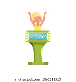 Smiling boy taking part at quiz show, young player answering questions standing at stand vector Illustration on a white background