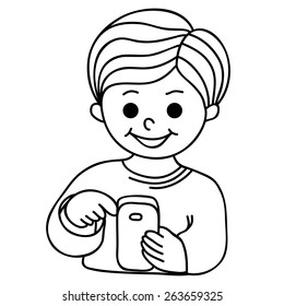 Smiling boy texting with cellular phone. Cartoon hand-drawn illustration 