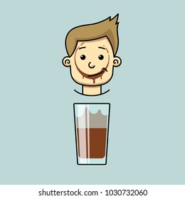 smiling boy with trace of cocoa on his lips and glass of cocoa. Isolated