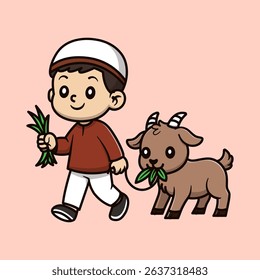 A smiling boy in traditional clothing walks with his pet goat on a leash, both enjoying fresh grass together in a cheerful setting.