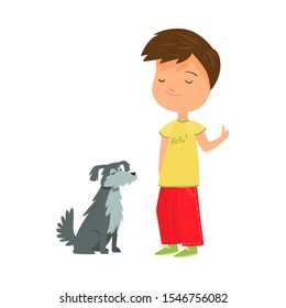 Smiling boy training his grey small dog vector illustration