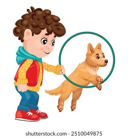 Smiling boy training his pet dog to jump through a hoop