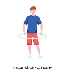 Smiling boy twists hoop on hips flat style, vector illustration isolated on white background. Pleased hula hooping character, sport exercise, health and beauty