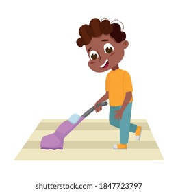 Alfombra de limpieza de vacío o vectores de alfombras de niño sonriente Ilustración