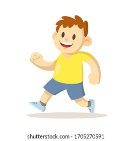 Smiling boy walking or running, cartoon character design. Colorful flat vector illustration, isolated on white background.
