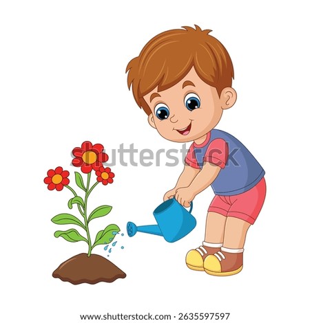 Smiling Boy Watering a Plant in a Small Garden Using a Watering Can Vector Illustration
