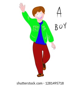 A smiling boy waves a hand with the name. Illustration for teaching books