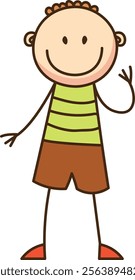 Smiling boy waving in a hand drawn cartoon style. Vector Illustration.