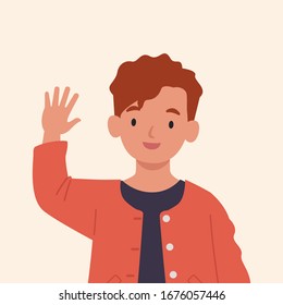 Smiling boy are waving hand in greeting. Vector illustration in a flat style