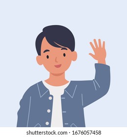 Smiling boy are waving hand in greeting. Vector illustration in a flat style