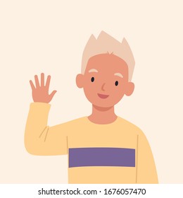 Smiling boy are waving hand in greeting. Vector illustration in a flat style