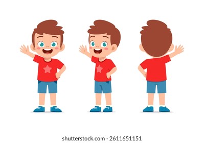 A Smiling Boy Waving Hand Wearing Red Shirt with Star Illustration with Front and Back View