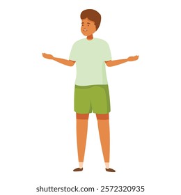 Smiling boy wearing casual clothes is standing and gesturing with his hands