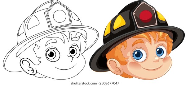 Smiling boy wearing a firefighter helmet
