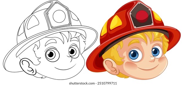 Smiling boy wearing a firefighter helmet